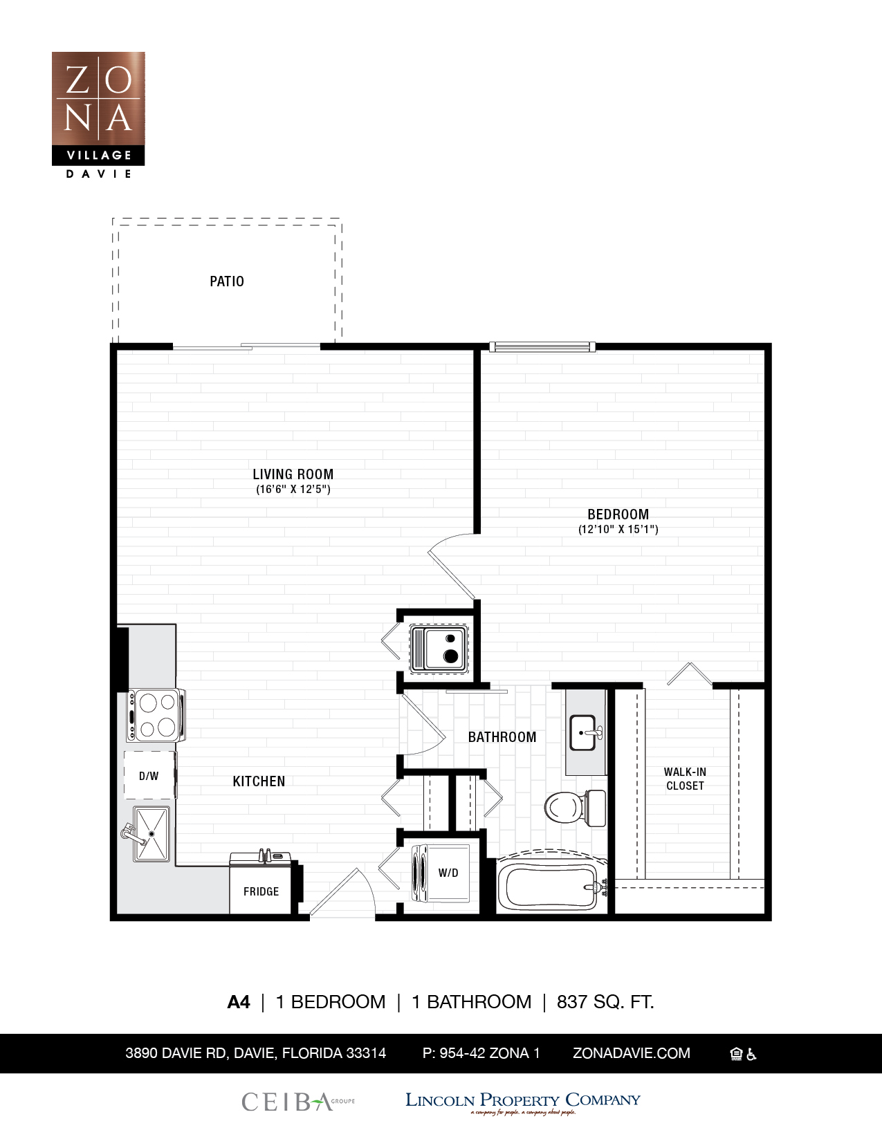 Floor plan for 1 bed, 1 bath, 837 sqft